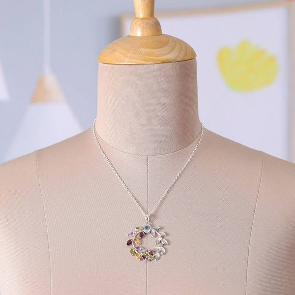 Alternate image for Multi-Gemstone Silver Necklace with Floral and Leaf Pendant Luxurious Garden