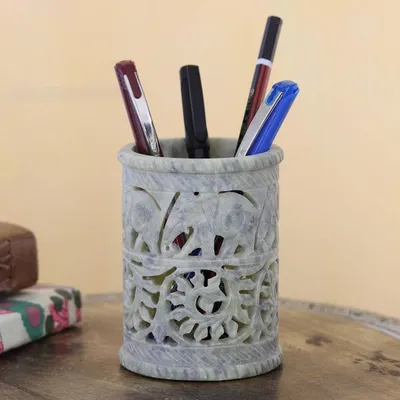 Primary image for Hand Crafted Soapstone Elephant Pen Holder Botanical Elephant