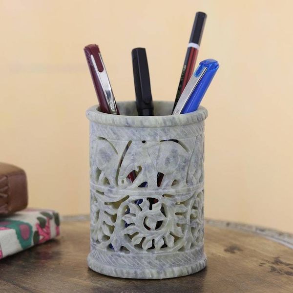 Alternate image for Hand Crafted Soapstone Elephant Pen Holder Botanical Elephant