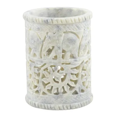 Alternate image for Hand Crafted Soapstone Elephant Pen Holder Botanical Elephant