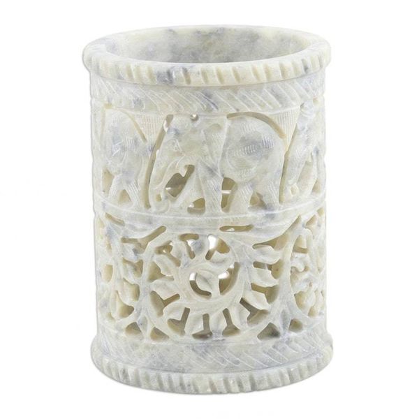Alternate image for Hand Crafted Soapstone Elephant Pen Holder Botanical Elephant