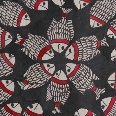 Alternate image for Madhubani Painting with Rhythmic Repetitions of Fish Motif Circle of Abundance