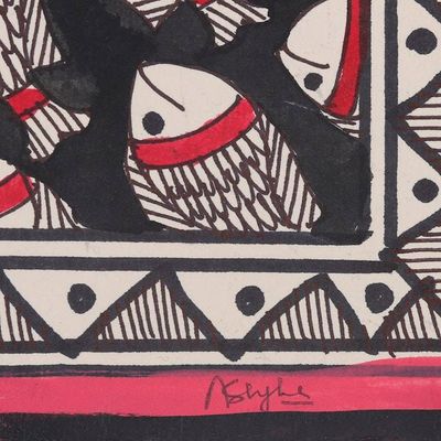 Alternate image for Madhubani Painting with Rhythmic Repetitions of Fish Motif Circle of Abundance
