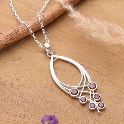 Primary image for Modern Silver Pendant Necklace with 6 Natural Garnet Gems Crimson Teardrop