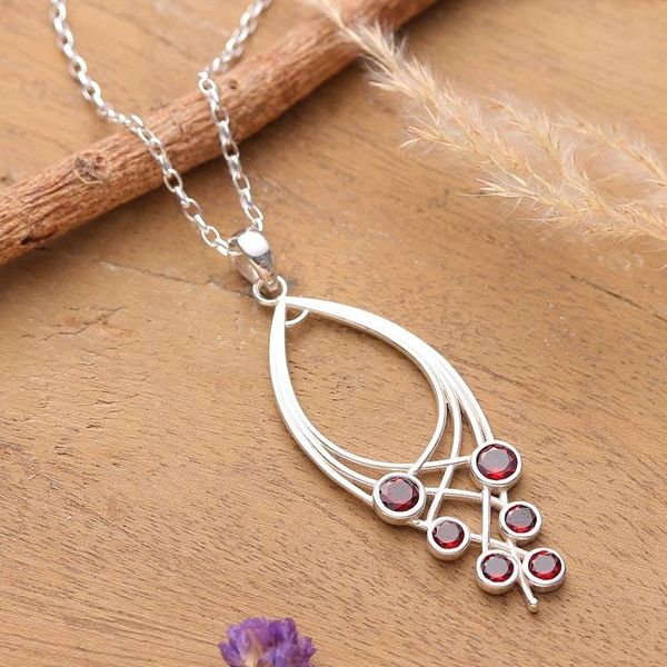 Alternate image for Modern Silver Pendant Necklace with 6 Natural Garnet Gems Crimson Teardrop