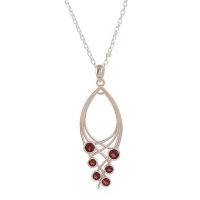 Alternate image for Modern Silver Pendant Necklace with 6 Natural Garnet Gems Crimson Teardrop