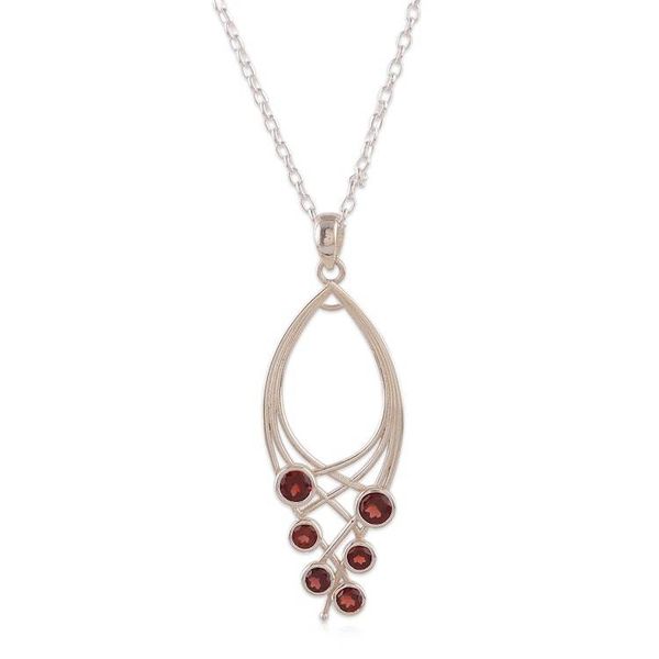 Alternate image for Modern Silver Pendant Necklace with 6 Natural Garnet Gems Crimson Teardrop