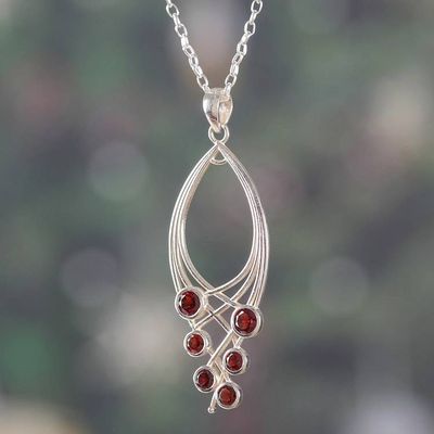 Alternate image for Modern Silver Pendant Necklace with 6 Natural Garnet Gems Crimson Teardrop