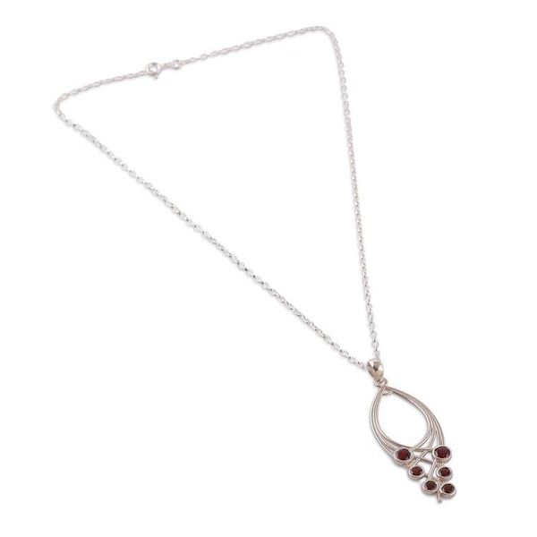 Alternate image for Modern Silver Pendant Necklace with 6 Natural Garnet Gems Crimson Teardrop
