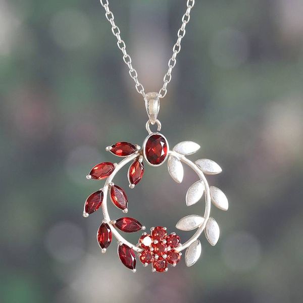 Alternate image for Floral and Leaf-Inspired Garnet and Silver Pendant Necklace Captivating Garden