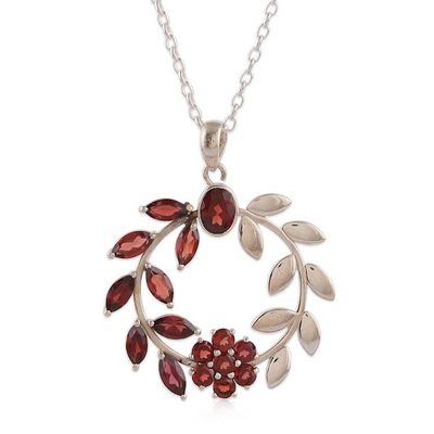 Alternate image for Floral and Leaf-Inspired Garnet and Silver Pendant Necklace Captivating Garden