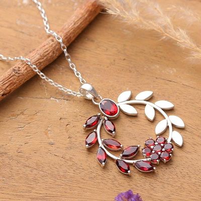 Alternate image for Floral and Leaf-Inspired Garnet and Silver Pendant Necklace Captivating Garden