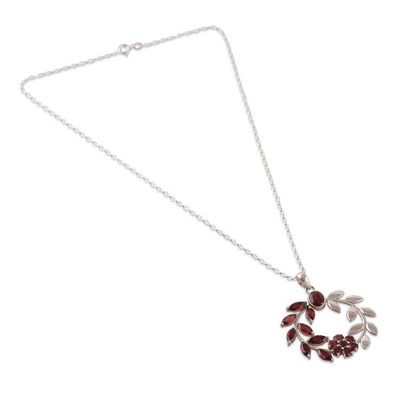 Alternate image for Floral and Leaf-Inspired Garnet and Silver Pendant Necklace Captivating Garden
