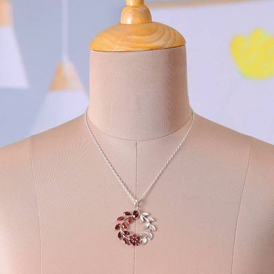 Alternate image for Floral and Leaf-Inspired Garnet and Silver Pendant Necklace Captivating Garden