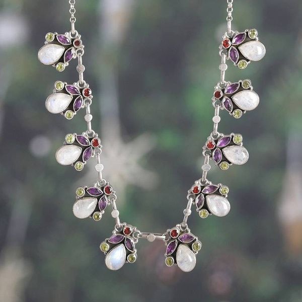 Alternate image for Spring-Themed 11-Carat Faceted Multi-Gemstone Link Necklace Garden of Delhi