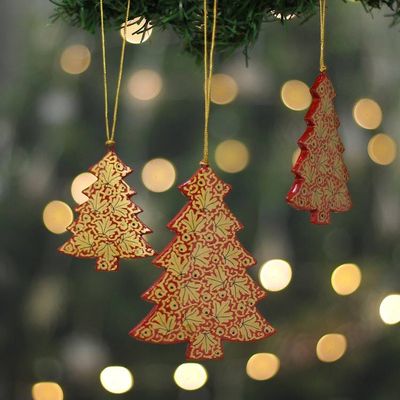 Primary image for 3 Christmas Pinetree Kashmiri Folk Art-Themed Wood Ornaments Kashmir Christmas