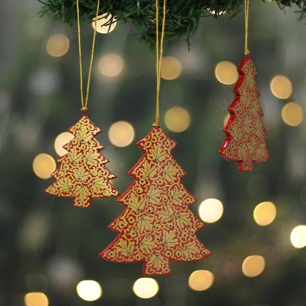 Alternate image for 3 Christmas Pinetree Kashmiri Folk Art-Themed Wood Ornaments Kashmir Christmas