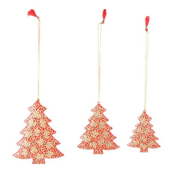 Alternate image for 3 Christmas Pinetree Kashmiri Folk Art-Themed Wood Ornaments Kashmir Christmas