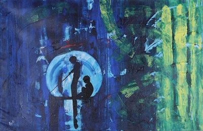 Primary image for Signed Expressionist Painting in Blue and Green from India Fishing Fantasy