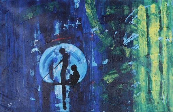 Alternate image for Signed Expressionist Painting in Blue and Green from India Fishing Fantasy