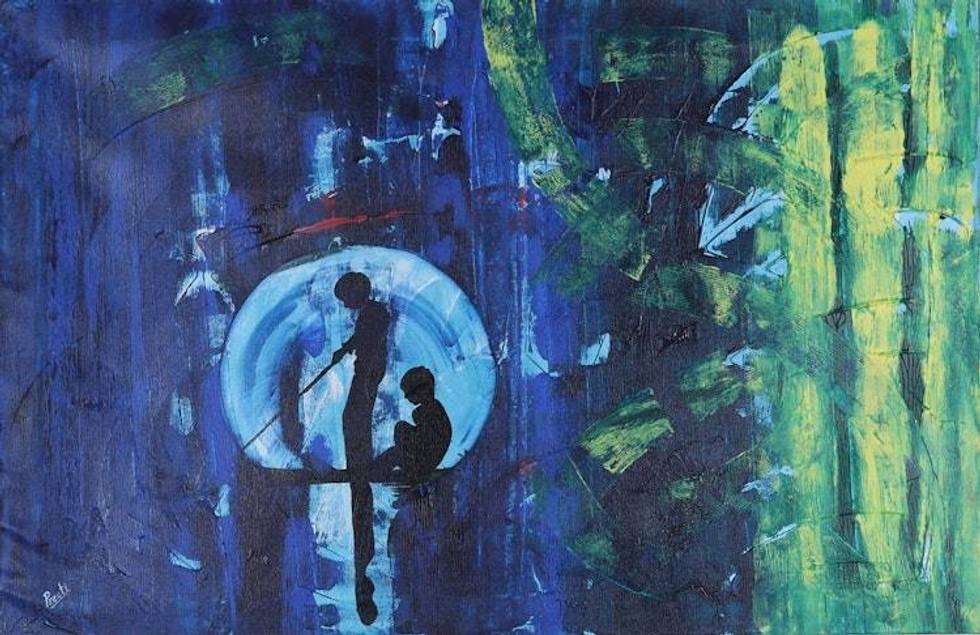 Signed Expressionist Painting in Blue and Green from India 'Fishing Fantasy'