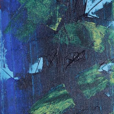 Alternate image for Signed Expressionist Painting in Blue and Green from India Fishing Fantasy