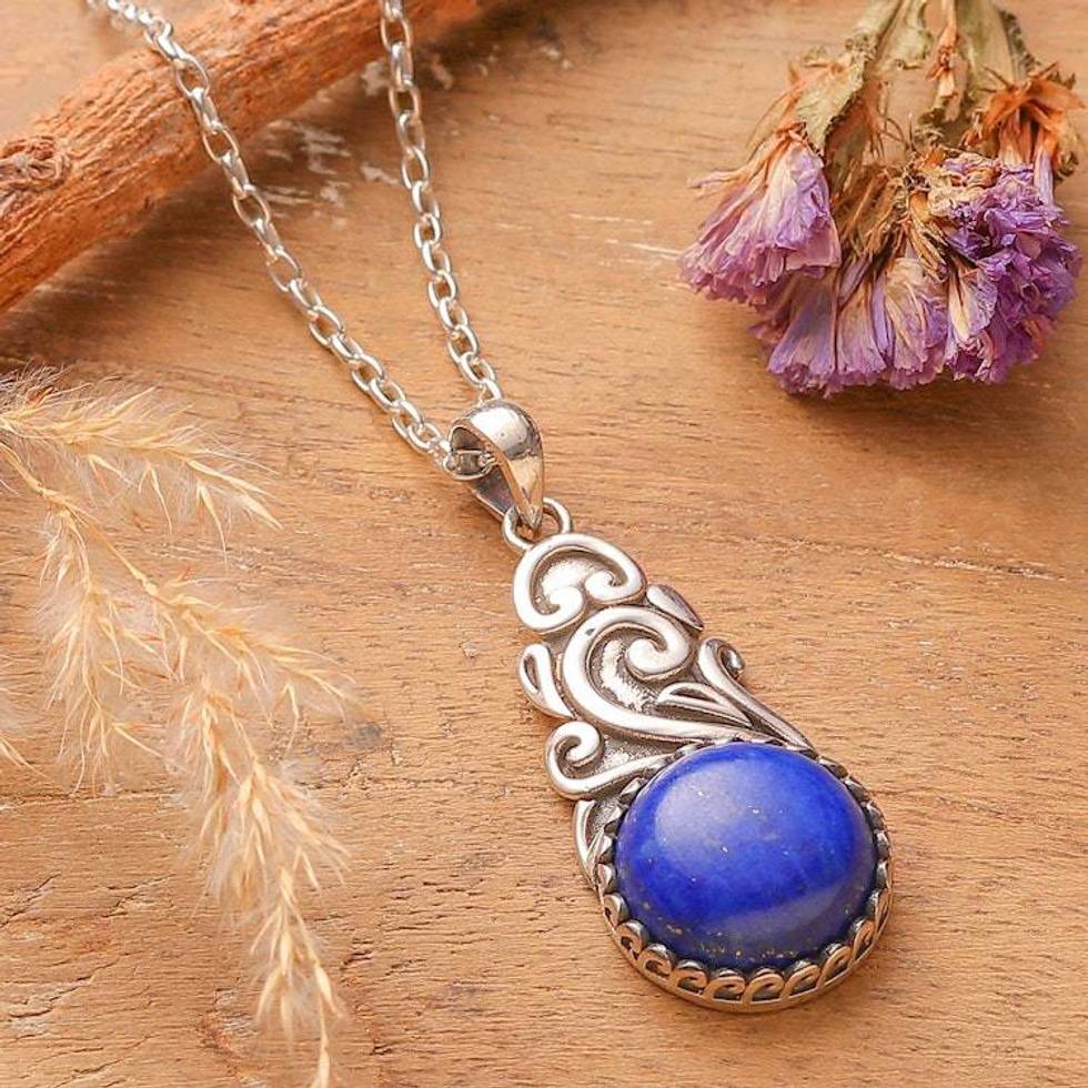 Birthstone Lapis Lazuli Cabochon Sylvan Pendant Necklace 'True Bloom'