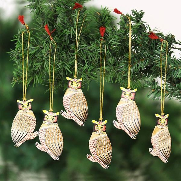Alternate image for Unique Owl Ornaments from India Set of 6 Owl Be Home for Christmas