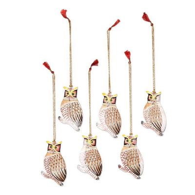 Alternate image for Unique Owl Ornaments from India Set of 6 Owl Be Home for Christmas