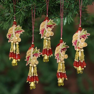 Alternate image for Hand Made Beaded Flower Christmas Ornaments Set of 5 Mughal Bouquet