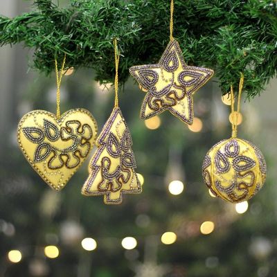 Primary image for Golden-Toned 4-Piece Hand-Beaded Christmas Ornament Set Holiday Joy