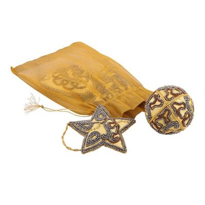 Alternate image for Golden-Toned 4-Piece Hand-Beaded Christmas Ornament Set Holiday Joy