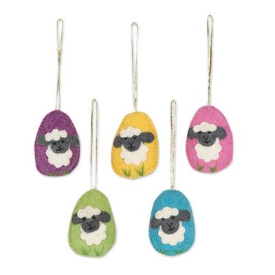 Alternate image for Set of 5 Wool Felt Sheep Ornaments Sheepish Greetings