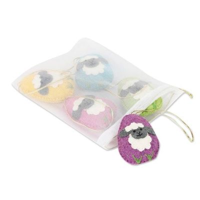 Alternate image for Set of 5 Wool Felt Sheep Ornaments Sheepish Greetings