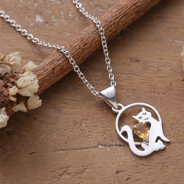 Alternate image for Whimsical Silver Cat Pendant Necklace with Citrine Gemstone Feline Poise