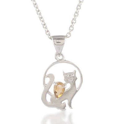 Alternate image for Whimsical Silver Cat Pendant Necklace with Citrine Gemstone Feline Poise