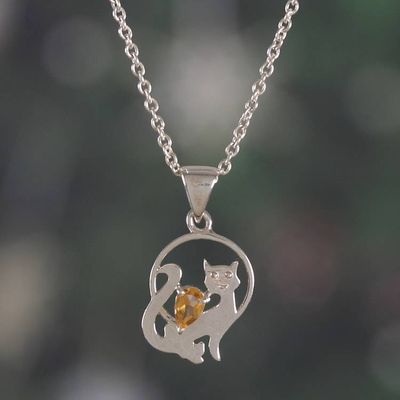 Alternate image for Whimsical Silver Cat Pendant Necklace with Citrine Gemstone Feline Poise