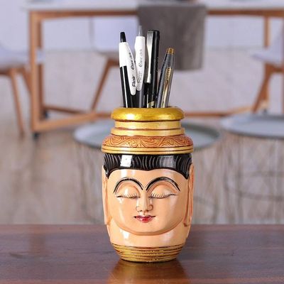 Alternate image for Buddha-Themed Hand-Painted Kadam Wood Pen Holder Serene Words