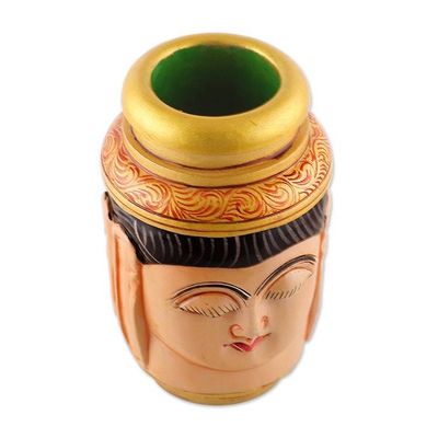 Alternate image for Buddha-Themed Hand-Painted Kadam Wood Pen Holder Serene Words