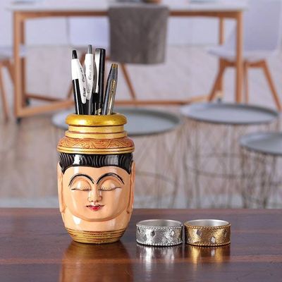 Alternate image for Buddha-Themed Hand-Painted Kadam Wood Pen Holder Serene Words