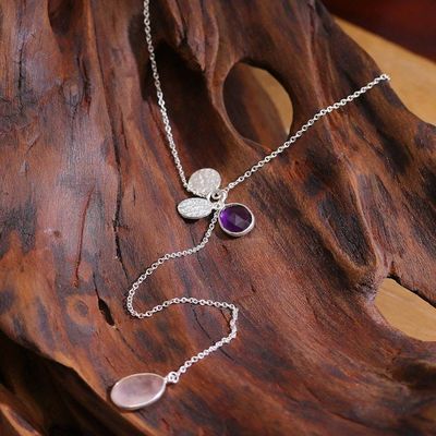 Alternate image for Silver Y-Necklace with Rose Quartz and Amethyst Gemstones Vibrant Fusion