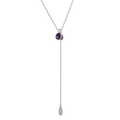 Alternate image for Silver Y-Necklace with Rose Quartz and Amethyst Gemstones Vibrant Fusion