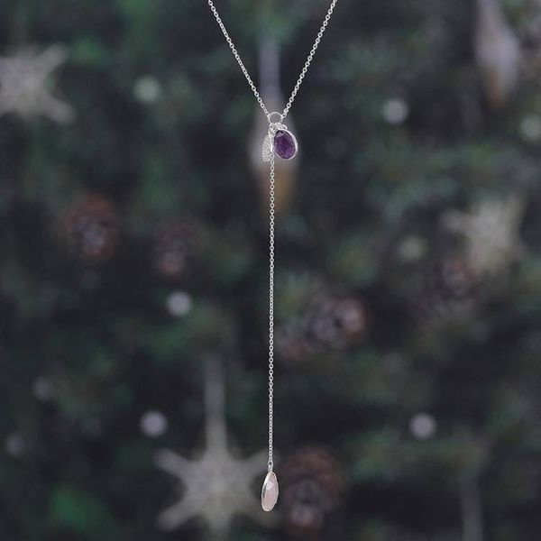 Alternate image for Silver Y-Necklace with Rose Quartz and Amethyst Gemstones Vibrant Fusion