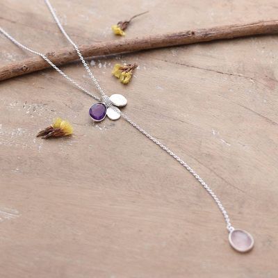 Alternate image for Silver Y-Necklace with Rose Quartz and Amethyst Gemstones Vibrant Fusion