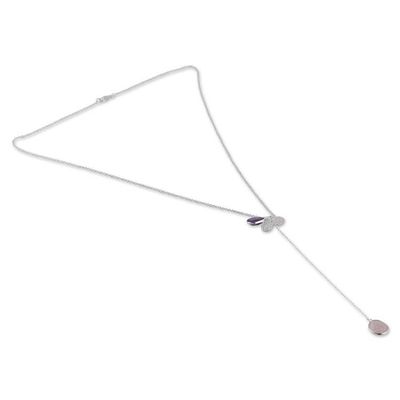 Alternate image for Silver Y-Necklace with Rose Quartz and Amethyst Gemstones Vibrant Fusion