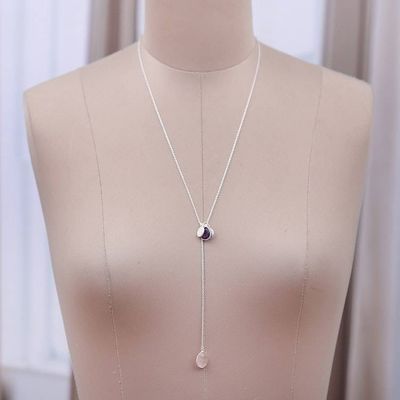 Alternate image for Silver Y-Necklace with Rose Quartz and Amethyst Gemstones Vibrant Fusion