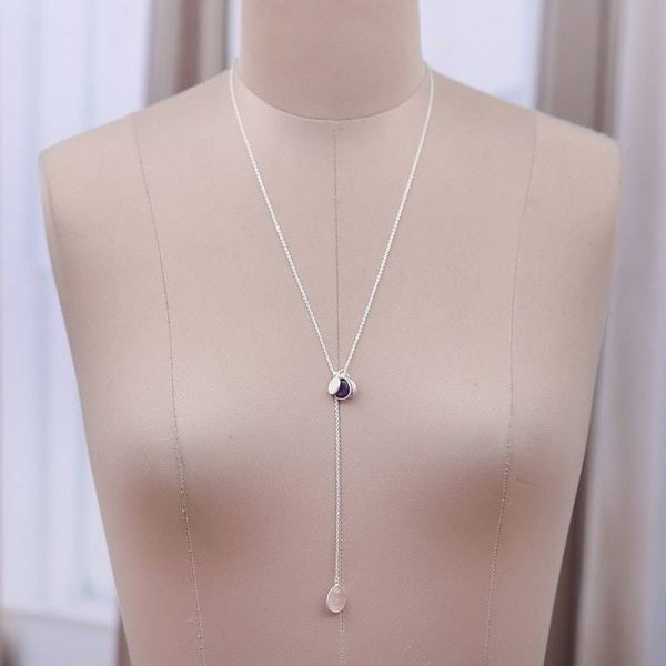 Alternate image for Silver Y-Necklace with Rose Quartz and Amethyst Gemstones Vibrant Fusion