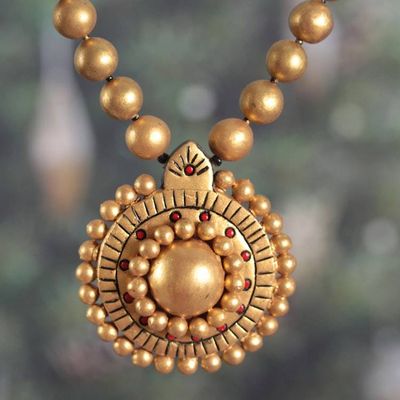 Primary image for Hand-Painted Golden Ceramic Pendant Necklace from India Victorious Gold