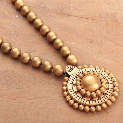 Alternate image for Hand-Painted Golden Ceramic Pendant Necklace from India Victorious Gold