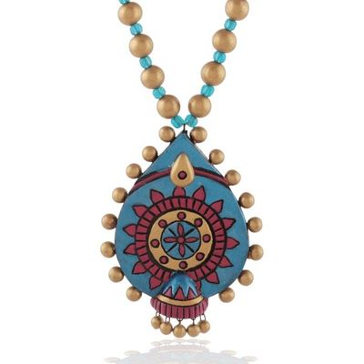 Alternate image for Folk Art Floral Blue and Golden Ceramic Pendant Necklace Petal Glory